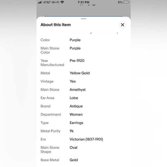 Antique Gold and Purple amethyst Drop dormeuse pierced Earrings - Picture 7 of 7